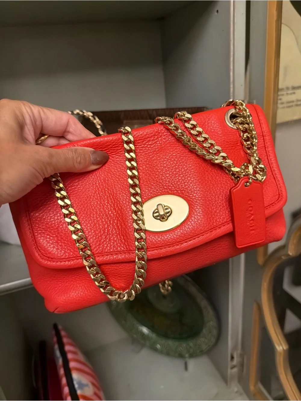Coach EUC red pebbled Leather Chain Shoulder Bag in Coral Red